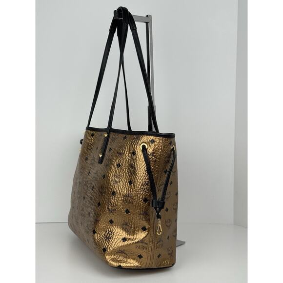 MCM Metallic Visetos Medium Shopper Tote Bag Gold Leather - Picture 8 of 16